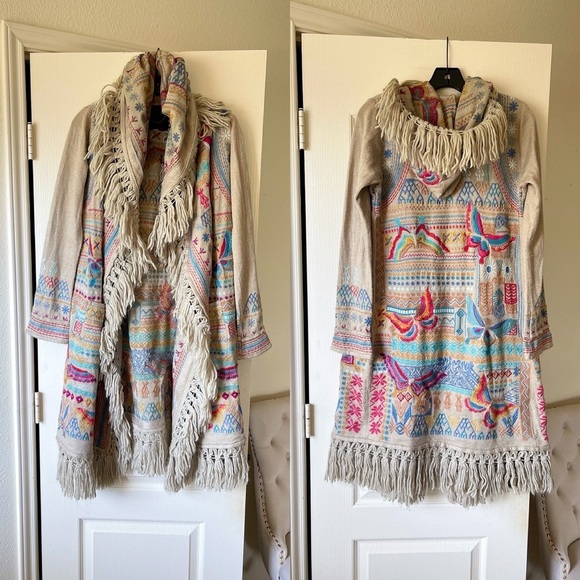 Johnny Was Cyrillus Embroidered Hooded Duster Coat Fringe Boho Truffle XS EUC - Picture 2 of 10
